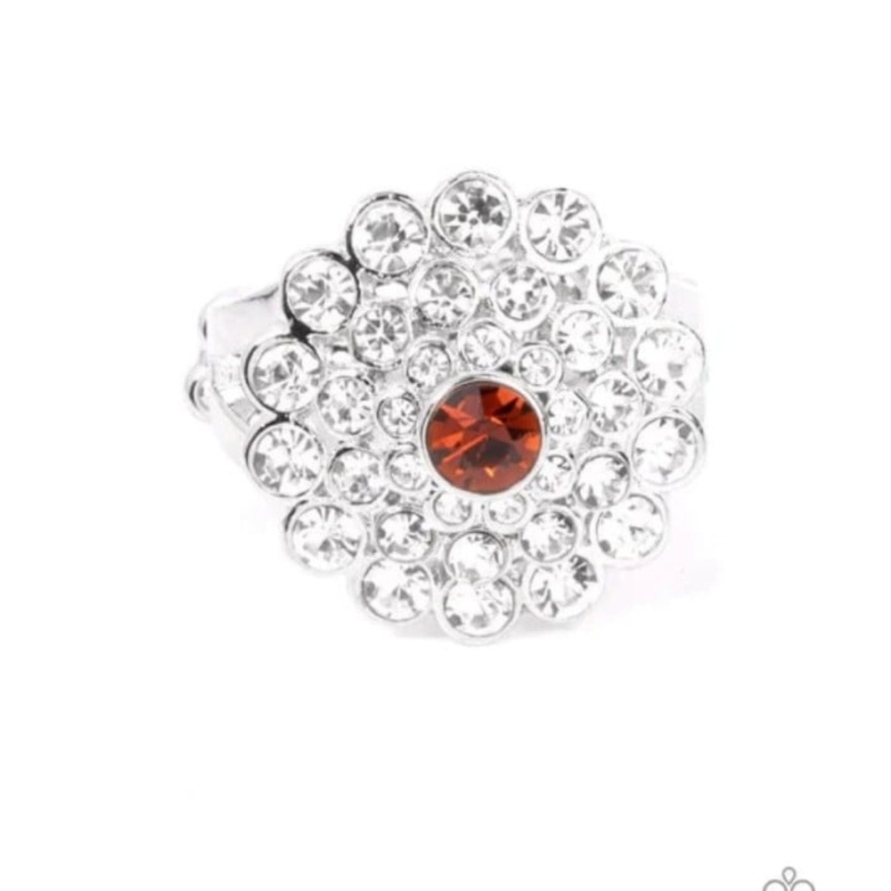 Effervescent Crescendo Brown Paparazzi Silver-Tone Floral Ring with Amber Center